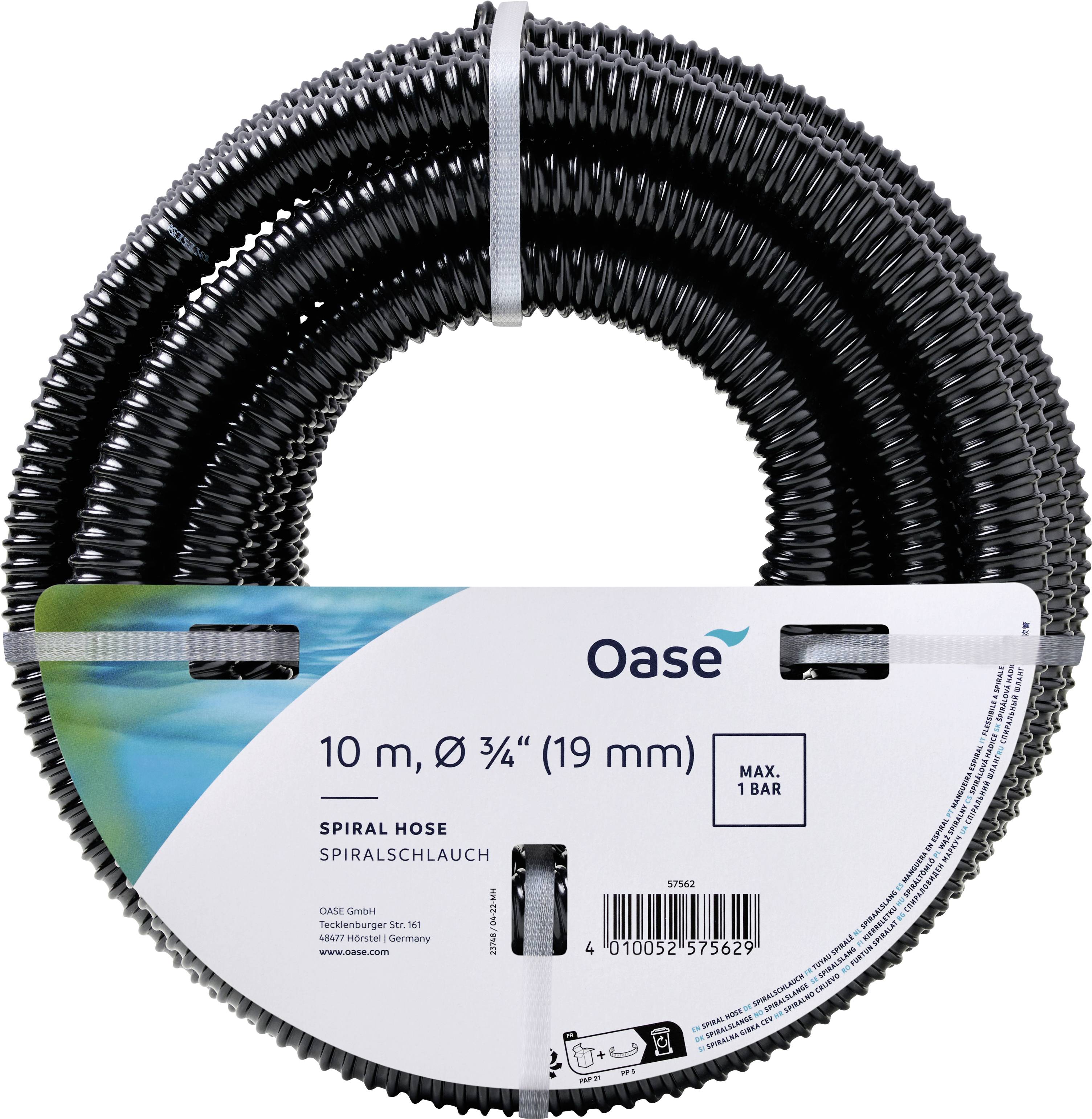 Un tuyau spiralé noir et enroulé, d'une longueur de 10 mètres avec un diamètre de 19 mm. L'étiquette indique une pression maximale de 1 bar.