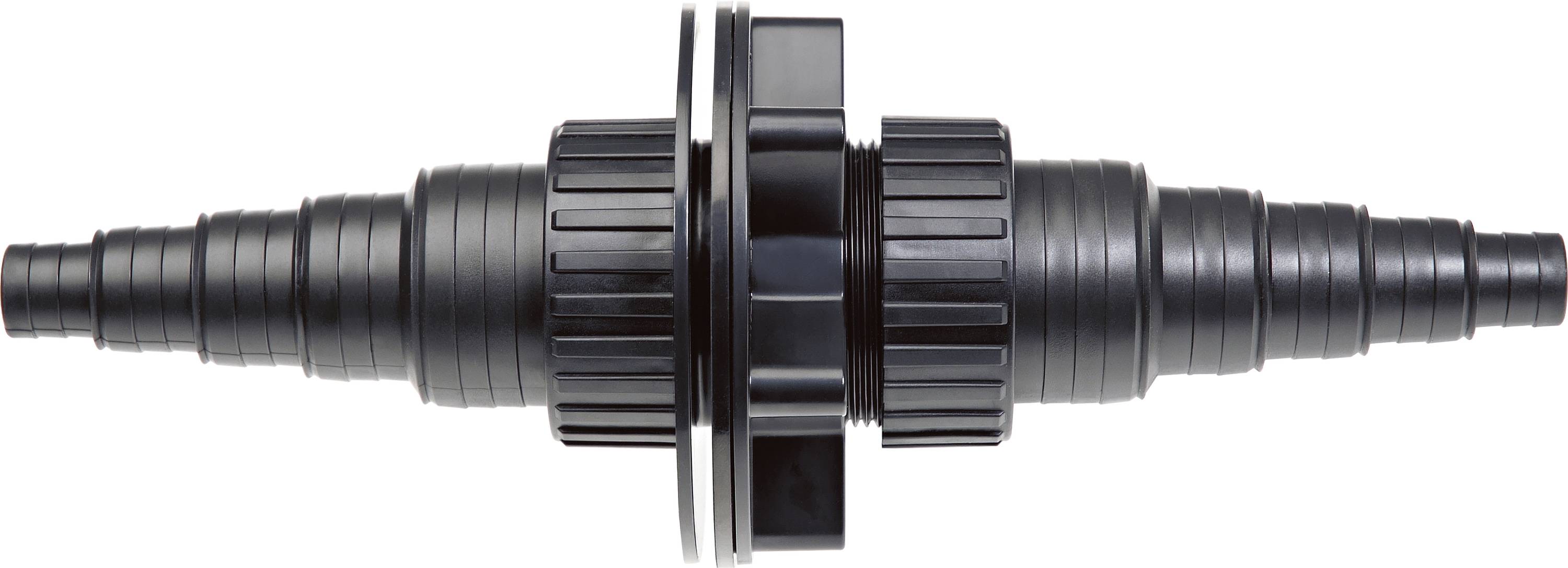 Un connecteur de tuyau en plastique noir avec des embouts à plusieurs niveaux pour l'installation de tuyaux de différentes tailles. Collier de serrage central pour un ajustement sécurisé.