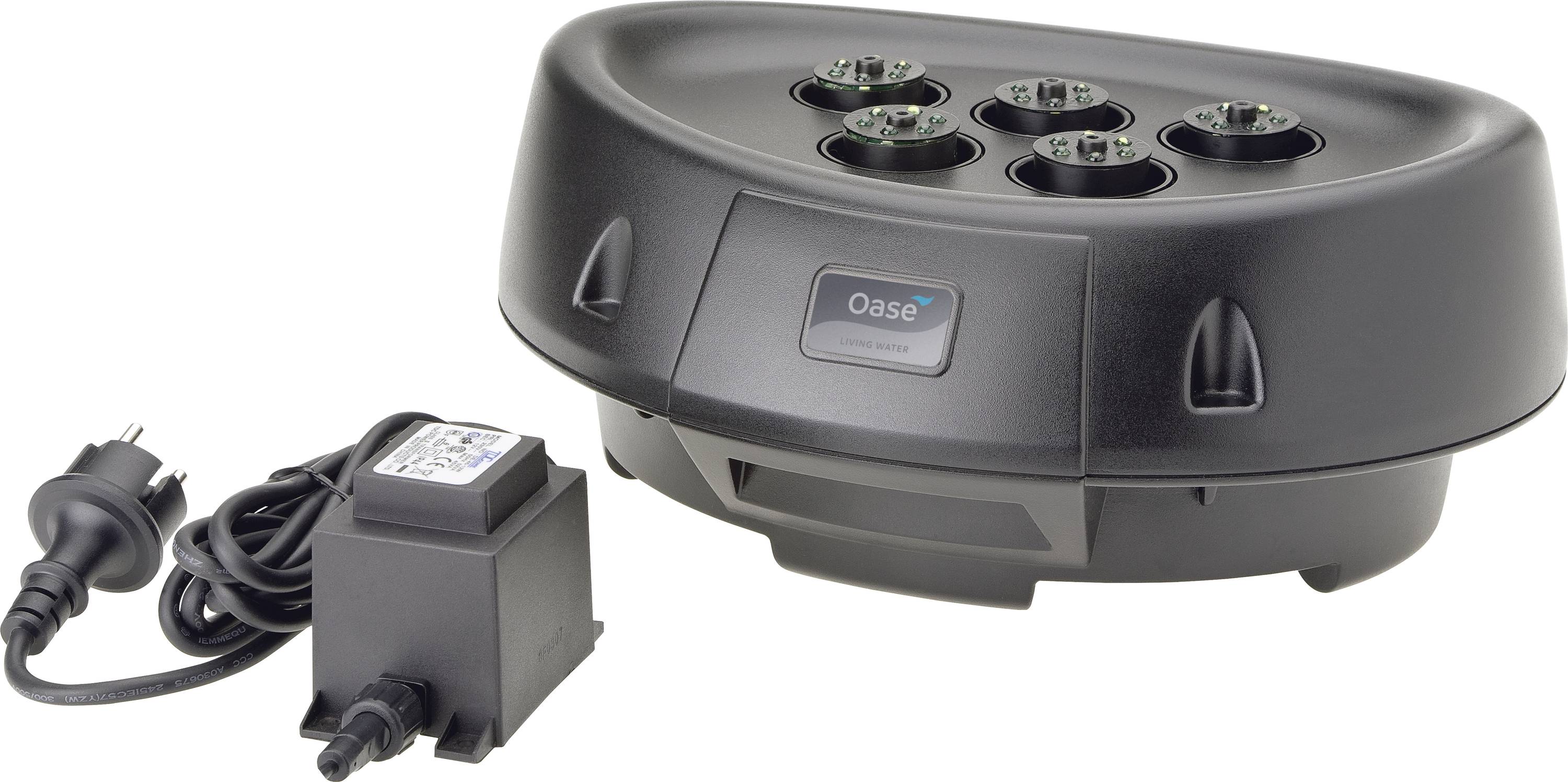 Un brumisateur de table noir avec six buses de brumisation et une alimentation électrique intégrée, utilisé pour créer des effets de brouillard.