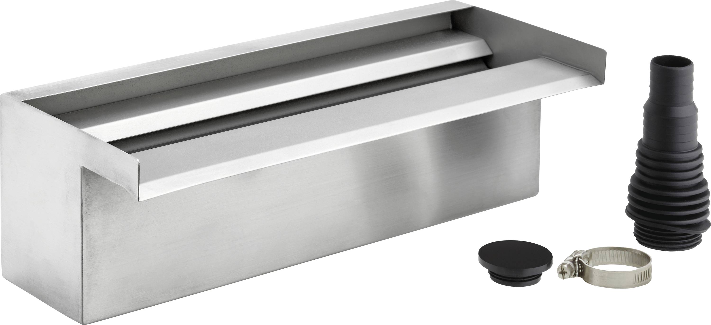 Déversoir en acier inoxydable avec cascade, bouchon noir, tuyau flexible et collier de serrage. Idéal pour les points d'eau de jardin ou la décoration de piscine.