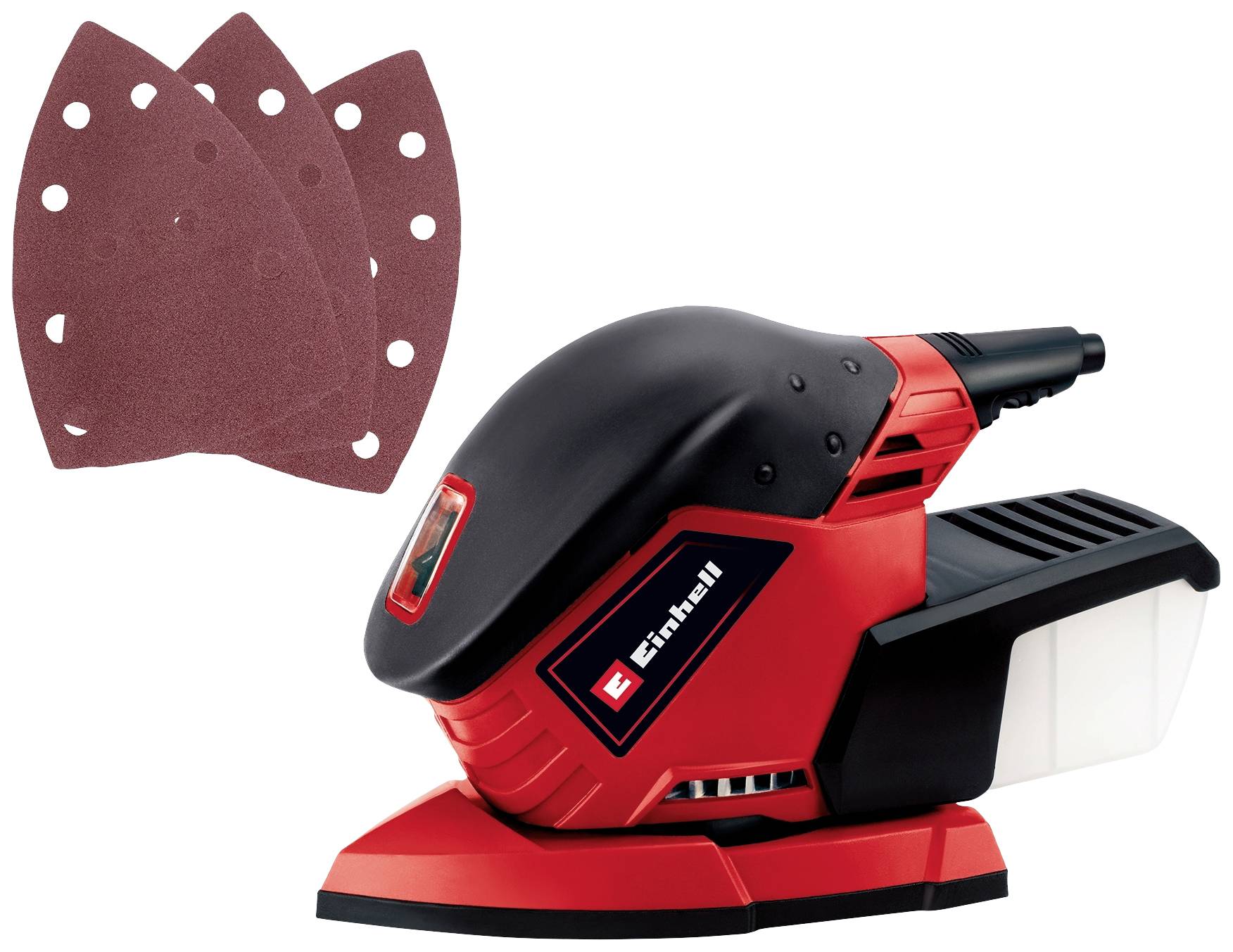 Ponceuse multifonction Einhell en rouge et noir, livrée avec trois feuilles de papier abrasif. Design compact pour des travaux de ponçage polyvalents.
