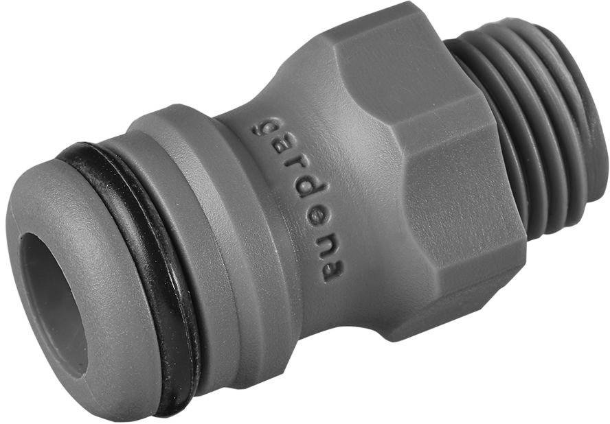 Un adaptateur de tuyau en plastique gris avec un filetage et un joint, utilisé pour raccorder des tuyaux d'arrosage.
