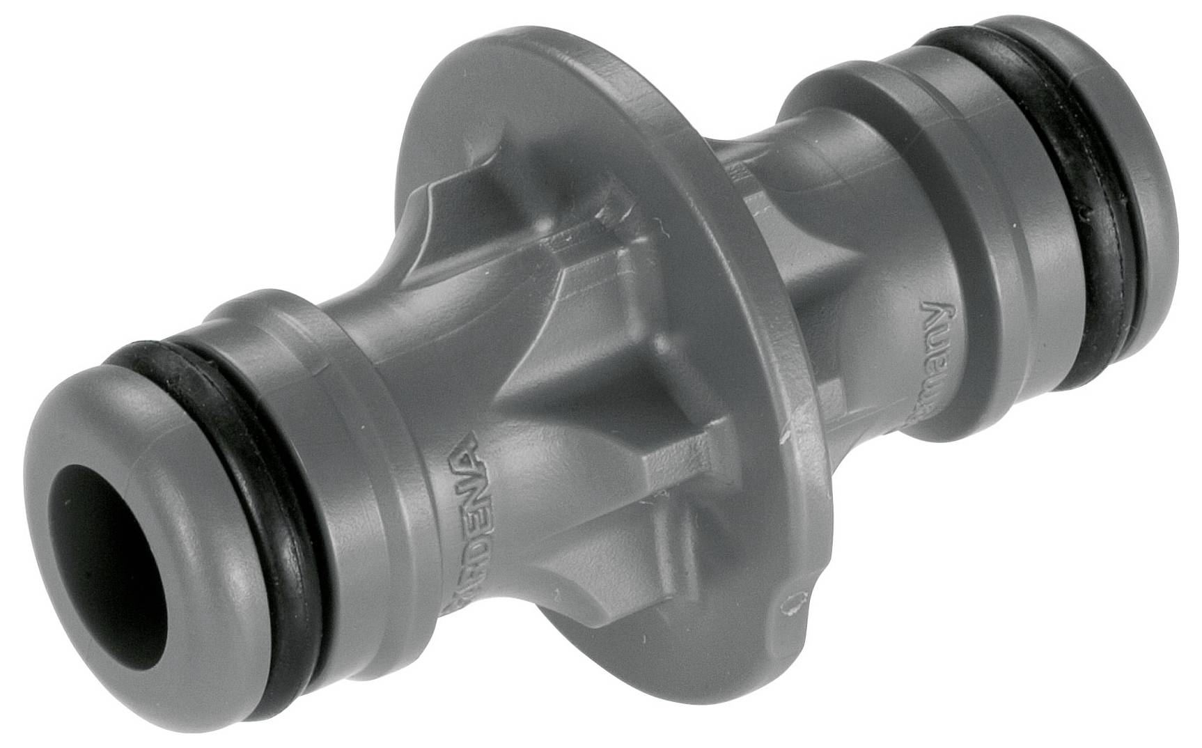 Adaptateur en plastique gris avec deux joints toriques aux extrémités, utilisé pour la connexion de tuyaux dans les systèmes d'irrigation.