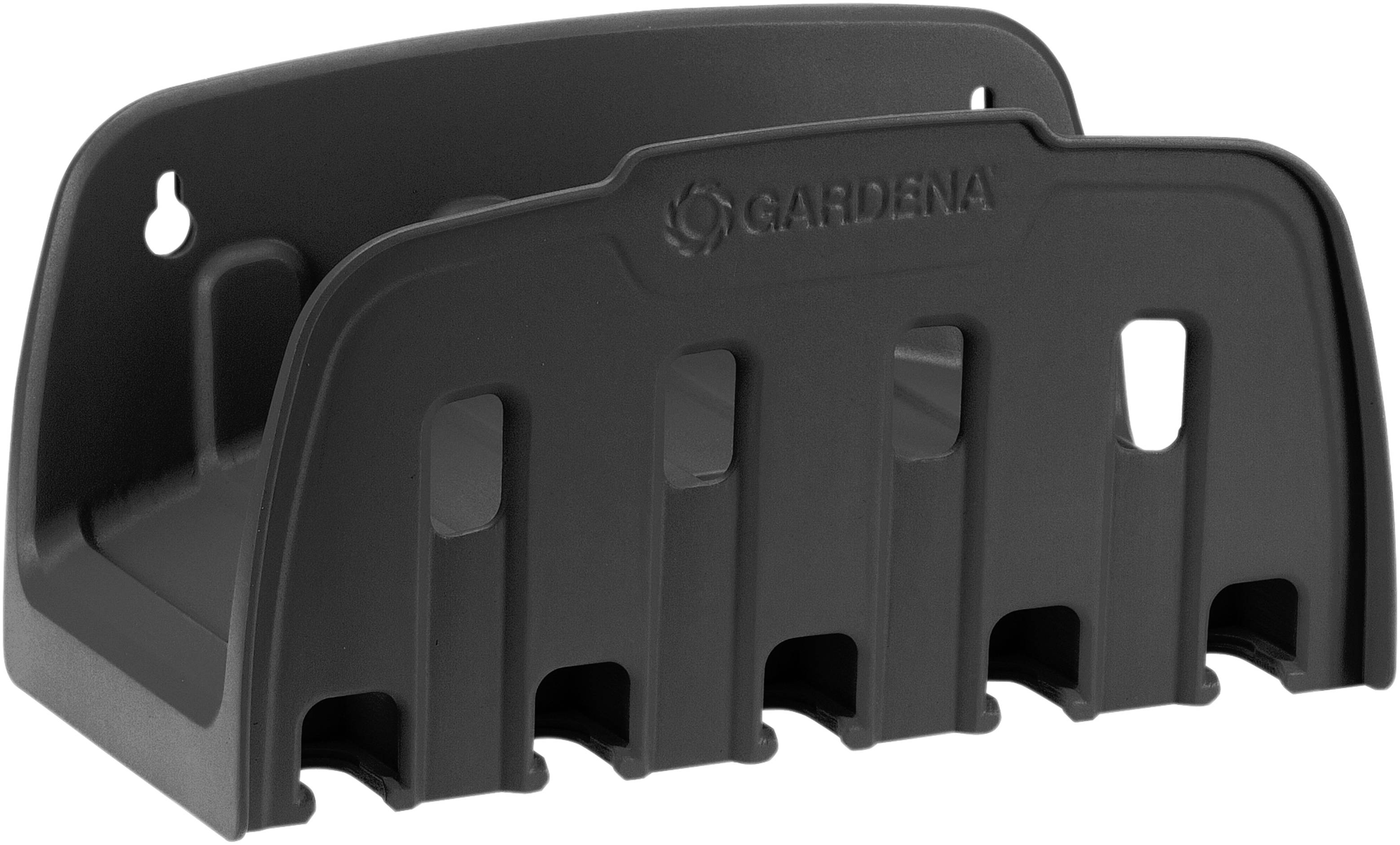Support de tuyau en plastique noir permettant de ranger plusieurs tuyaux, avec le nom de marque 'Gardena' imprimé sur la face avant.