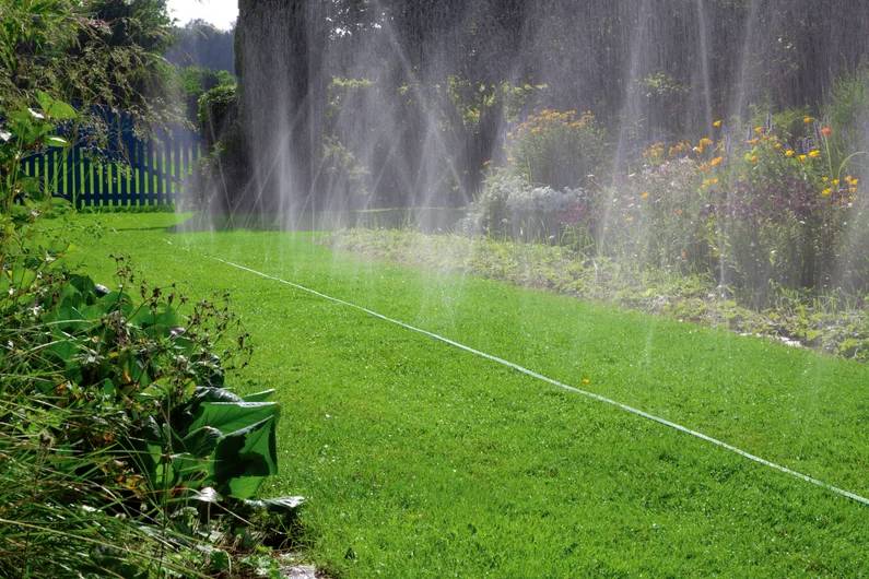 Un jardin avec une pelouse vert luxuriant et des fleurs colorées, arrosées par des systèmes d'irrigation qui créent un arc de jets d'eau sous la lumière du soleil.