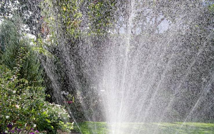 Un arroseur en train de projeter de l'eau sur une pelouse verte et un jardin avec des plantes en arrière-plan, créant une atmosphère rafraîchissante et vivante.