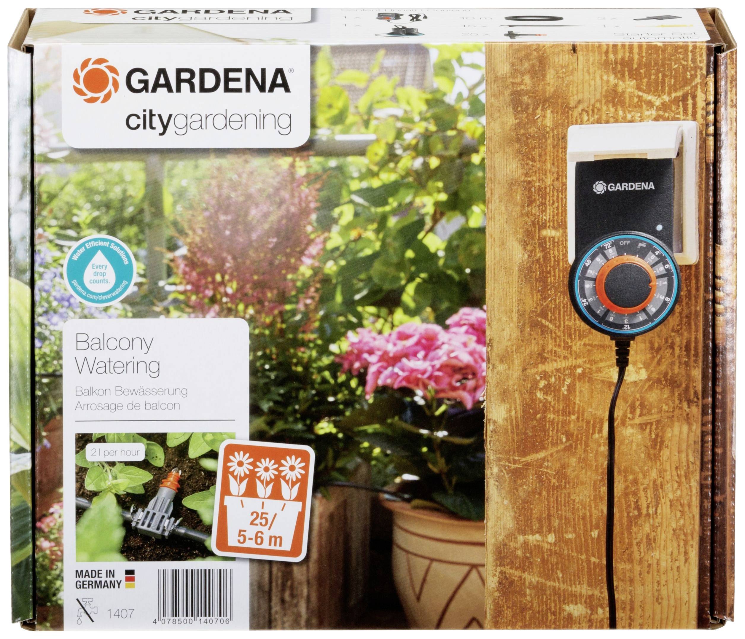 Emballage d'un système d'irrigation Gardena pour plantes de balcon avec minuterie automatique, adapté aux surfaces de 5 à 25 m².
