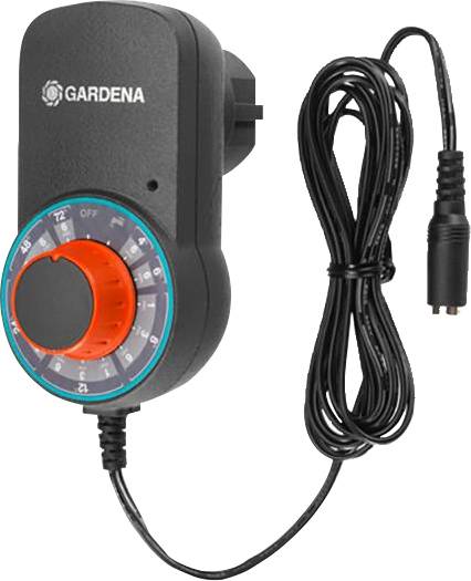 Programmateur électronique GARDENA avec bouton rotatif et câble. Permet le contrôle temporel des systèmes d'irrigation de jardin.