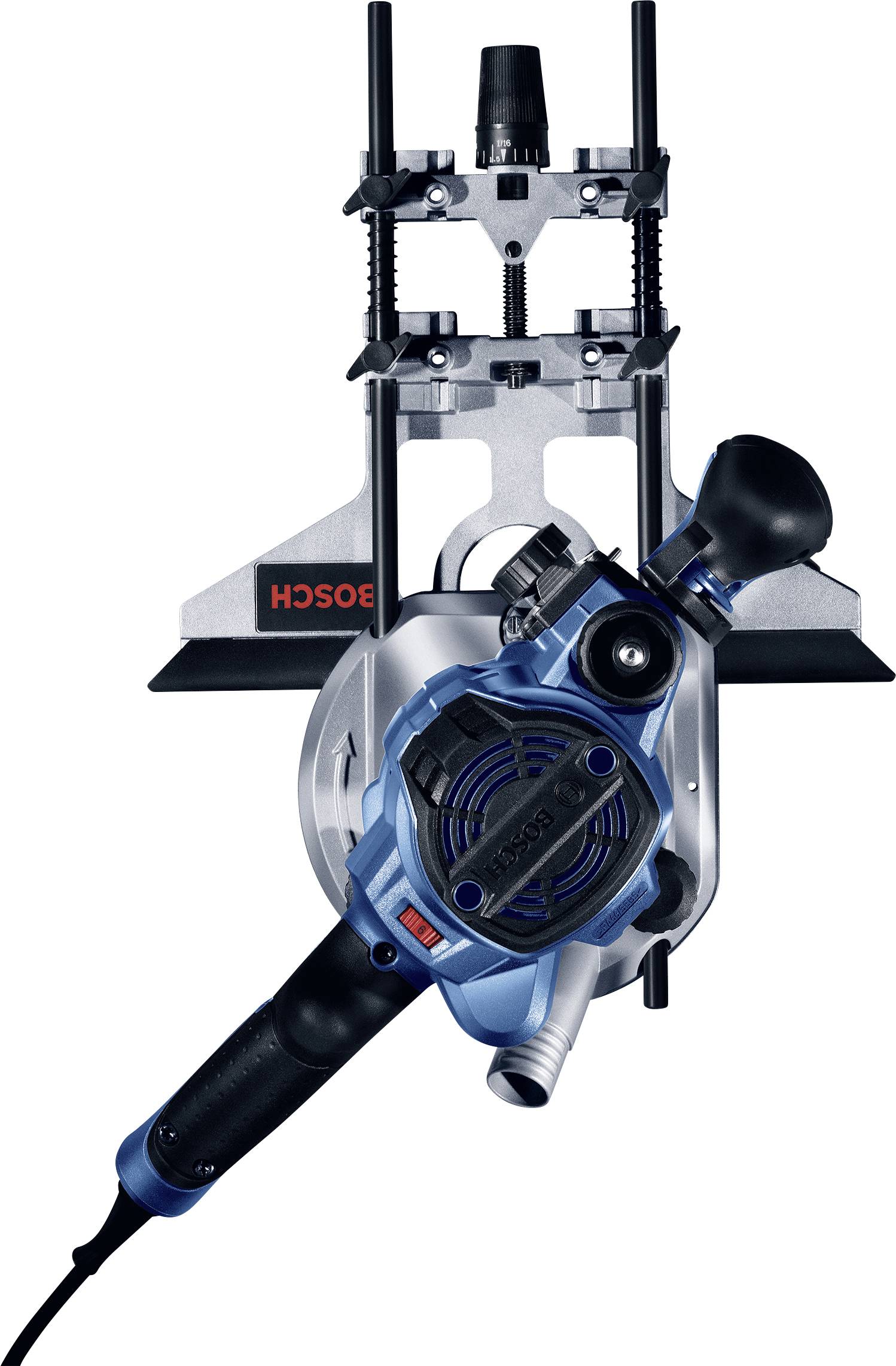 Défonceuse électrique Bosch, fixée sur une table de défonçage. Adaptée pour des fraisages précis, des travaux de profilage et de rainurage.