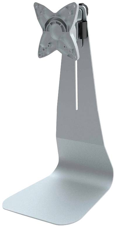 Un support de moniteur en métal argenté avec fixation VESA, adapté pour la fixation d'écrans.