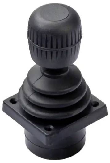 Manette de jeu noire avec poignée nervurée et base de montage carrée sur fond blanc.