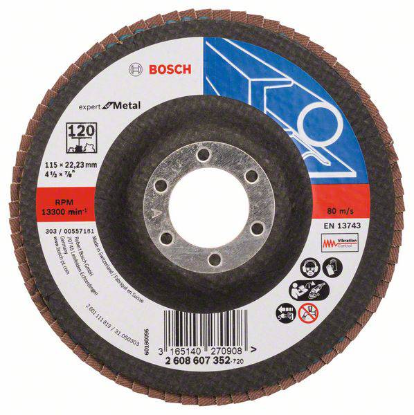 Disque à tronçonner 'Bosch Expert for Metal', grain 120, diamètre 115 mm, pour l'usinage des métaux, divers signes de sécurité et logos.