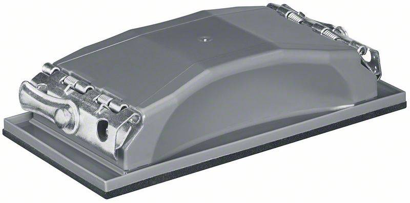 Ponceur gris à main, avec surface de ponçage rectangulaire et agrafes métalliques aux angles pour la fixation du papier de verre.