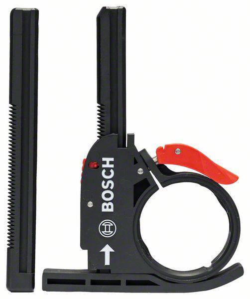 Support de perceuse pour perceuses Bosch, principalement en noir avec des touches rouges, servant au positionnement précis des trous de perçage.