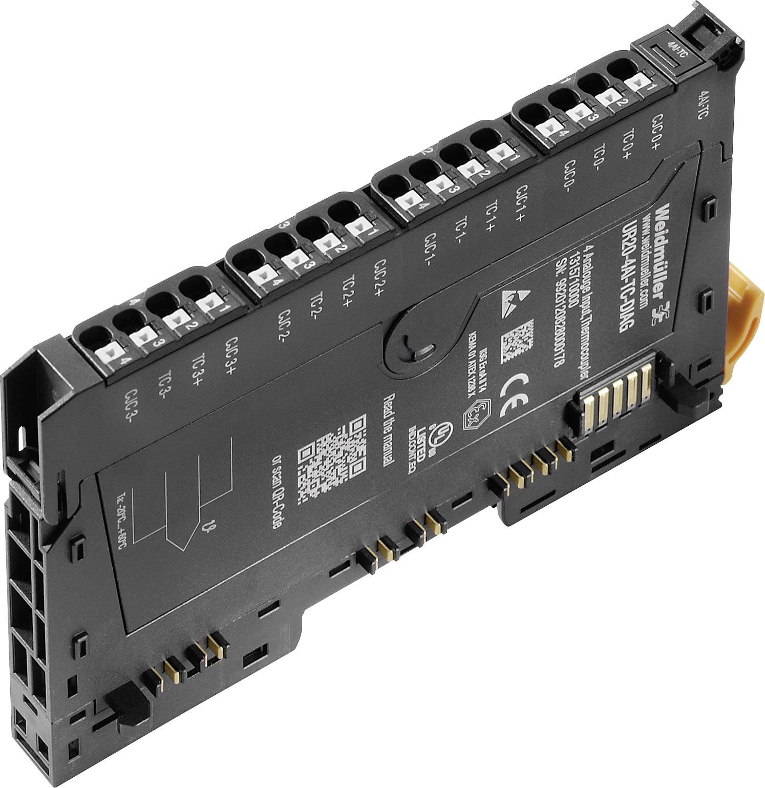 Un module électronique doté de plusieurs connexions en haut et de broches de contact sur le côté, étiqueté avec des spécifications et un code QR.