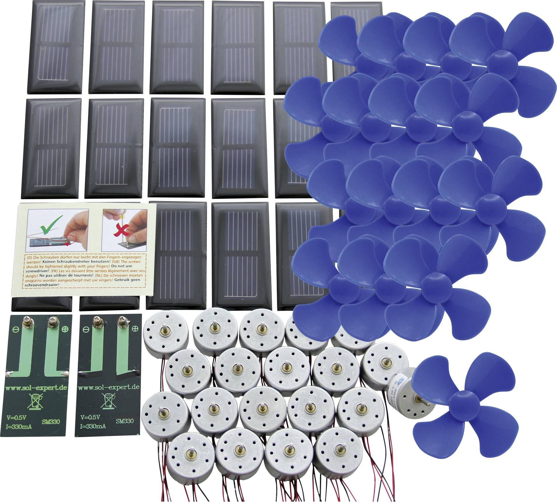 Kit de pièces d'énergie solaire assorties, comprenant plusieurs panneaux solaires, de petits moteurs, des cartes de câblage et des pales de ventilateur bleues