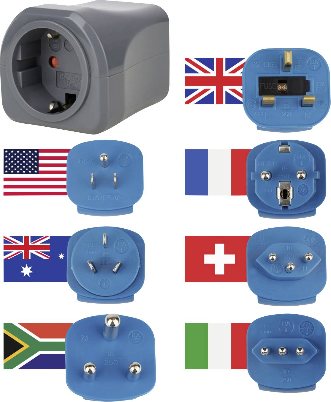 Adaptateur de voyage universel avec têtes de prise interchangeables présentées pour le Royaume-Uni, les États-Unis, la France, l'Australie, l'Afrique du Sud, la Suisse et l'Italie.
