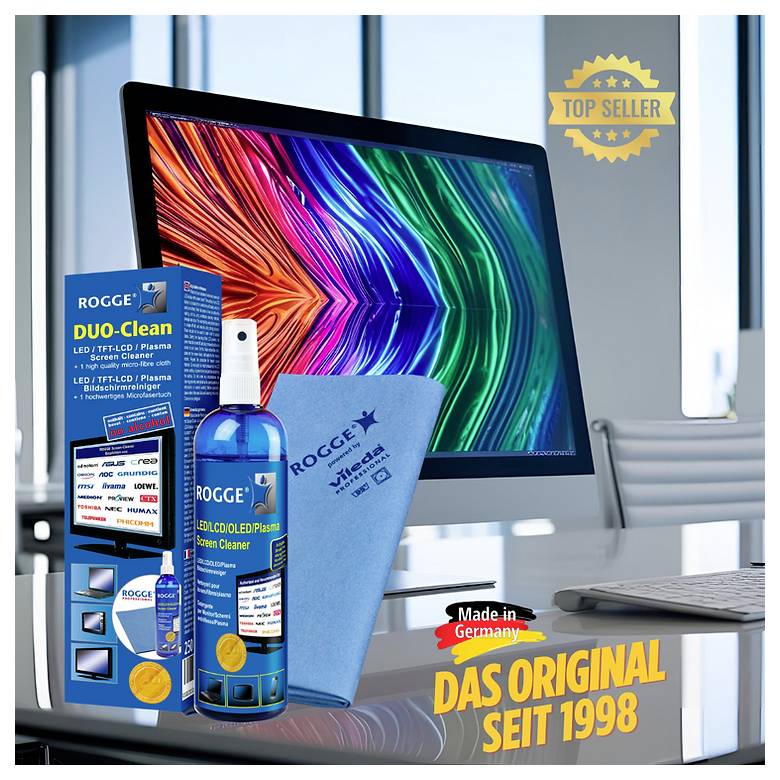 Ensemble de nettoyant d'écran 'ROGGE DUO Clean' avec boîte, spray et chiffon à côté d'un moniteur de bureau affichant des couleurs vibrantes. Le texte indique 'Fabriqué en Allemagne' et 'L'original depuis 1998'.