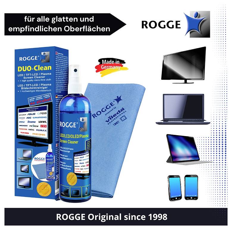 Kit de nettoyage d'écran 'ROGGE DUO-Clean' avec vaporisateur, chiffon de nettoyage et accessoires électroniques, adapté à toutes les surfaces lisses. Fabriqué en Allemagne.