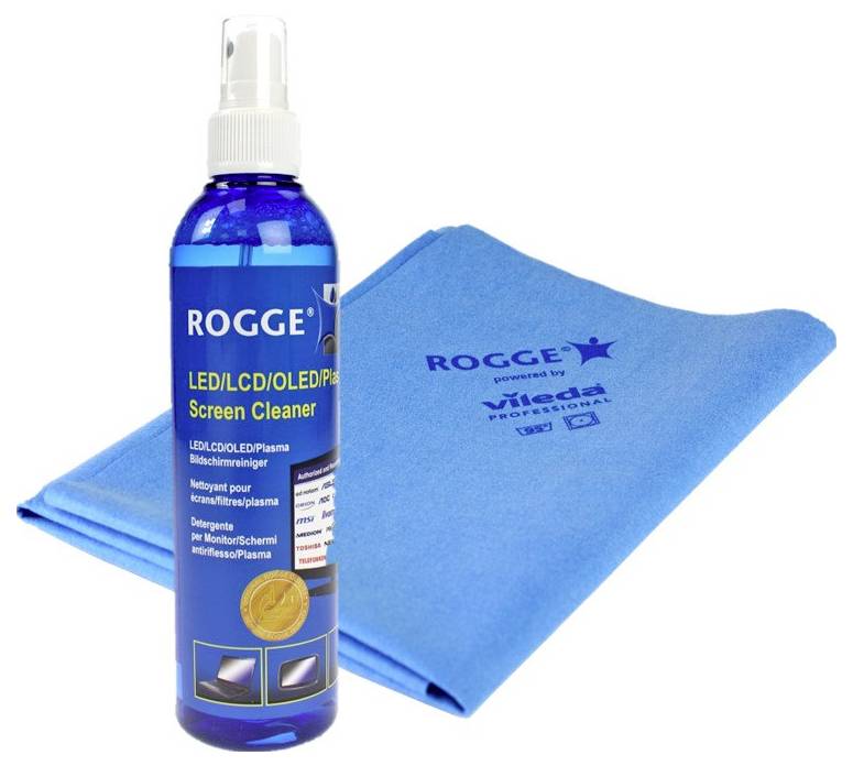 Une bouteille bleue de nettoyant pour écran étiquetée « Nettoyant pour écrans LED/LCD/OLED/Plasma » à côté d'un chiffon en microfibre bleu plié.