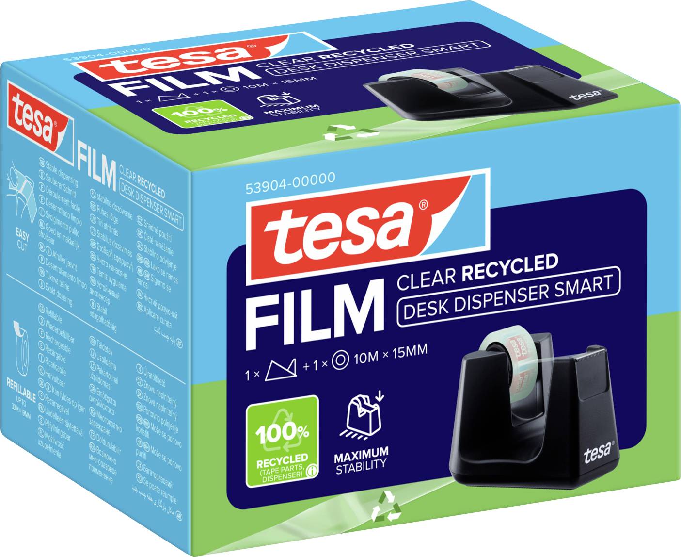 Une boîte verte de film adhésif transparent recyclé « tesa » avec un distributeur de bureau. Les points forts incluent 100% de matériaux recyclés et une utilisation facile.