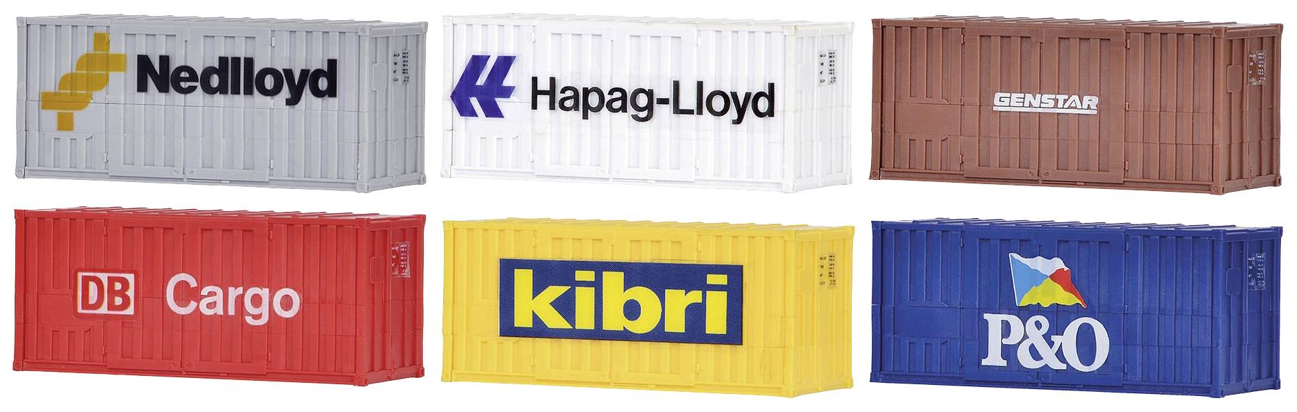Six conteneurs de fret colorés avec les logos de différentes entreprises : Nedlloyd, Hapag-Lloyd, Genstar, DB Cargo, kibri, P&O.