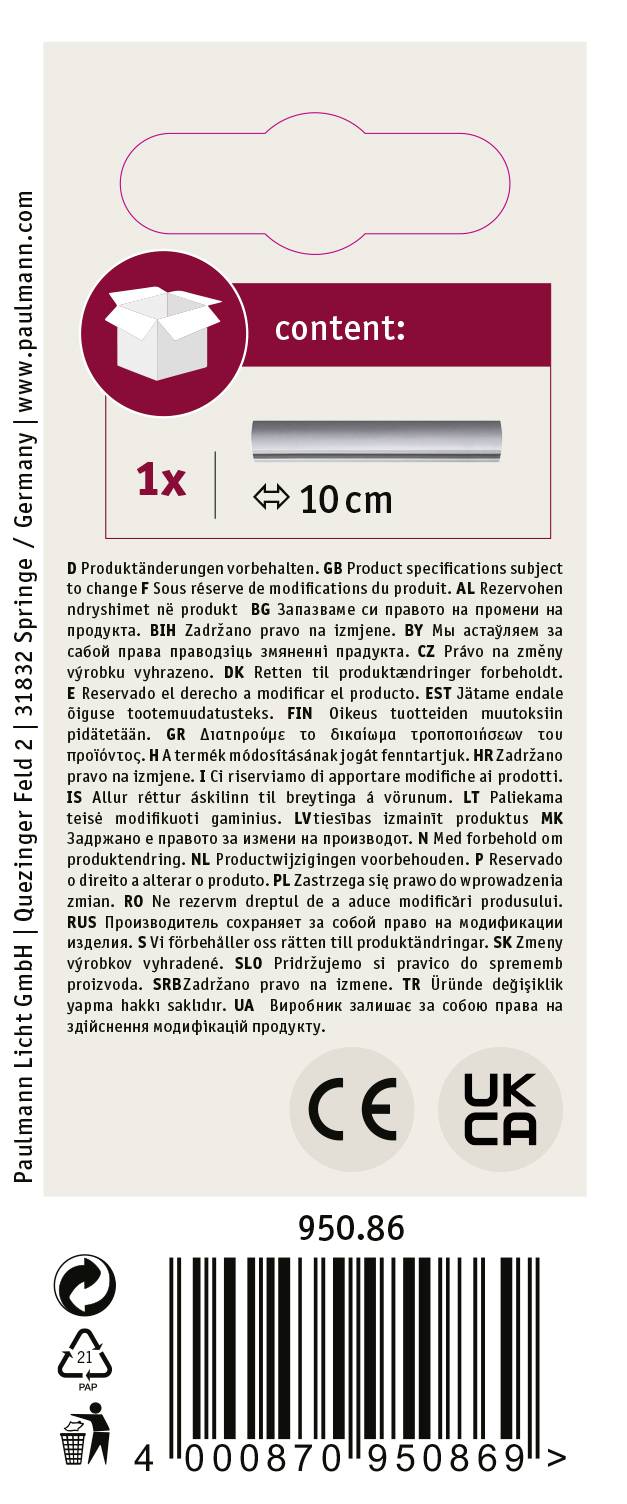 Étiquette d'emballage avec informations sur le produit en plusieurs langues. Contient du texte sur la taille du contenu (10 cm), le logo du fabricant et des codes-barres.