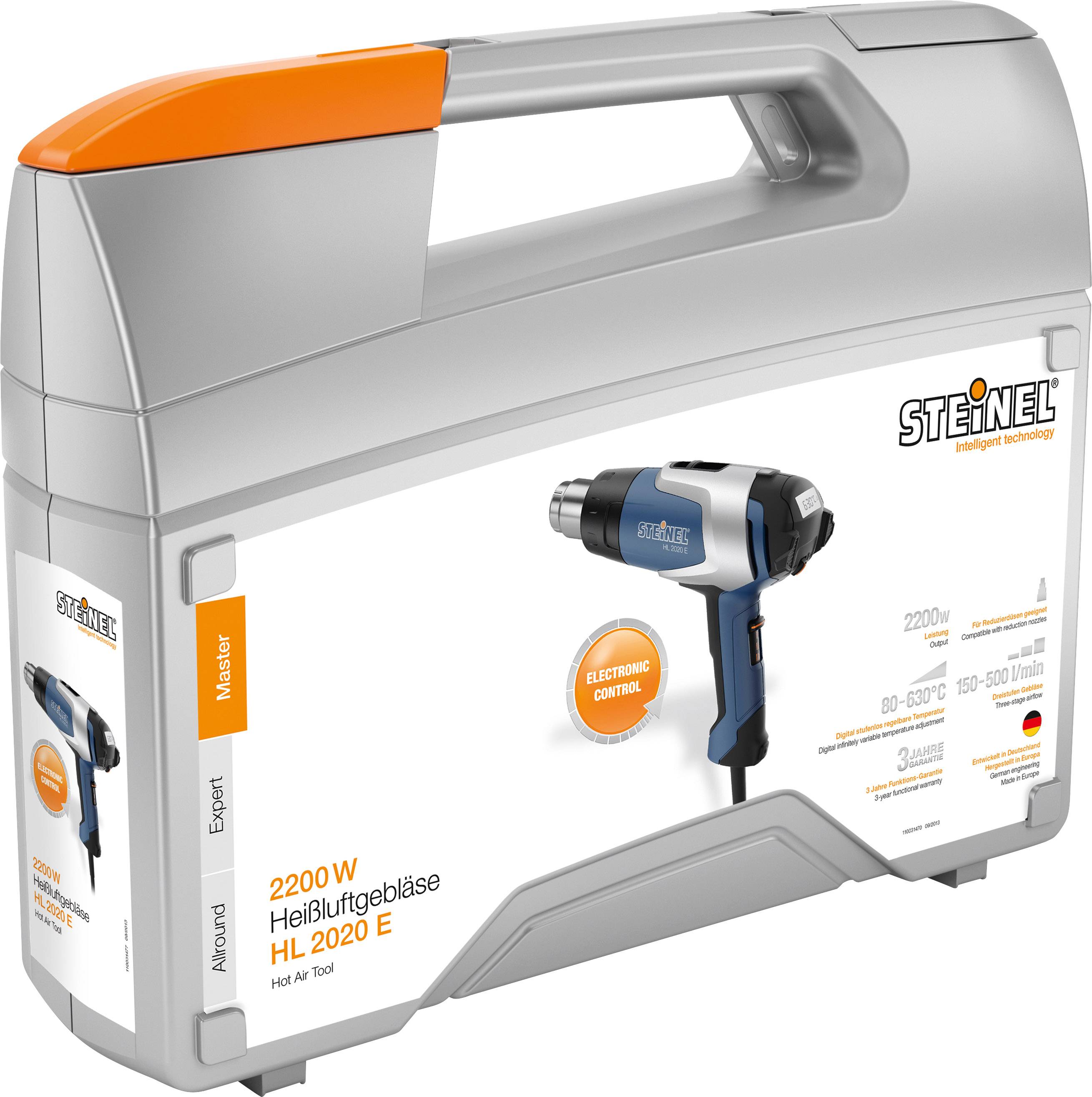 Mallette portable avec un pistolet à air chaud 'Steinel HL 2020 E'. Commande électronique, puissance de 2200W, plage de température 80-630°C.