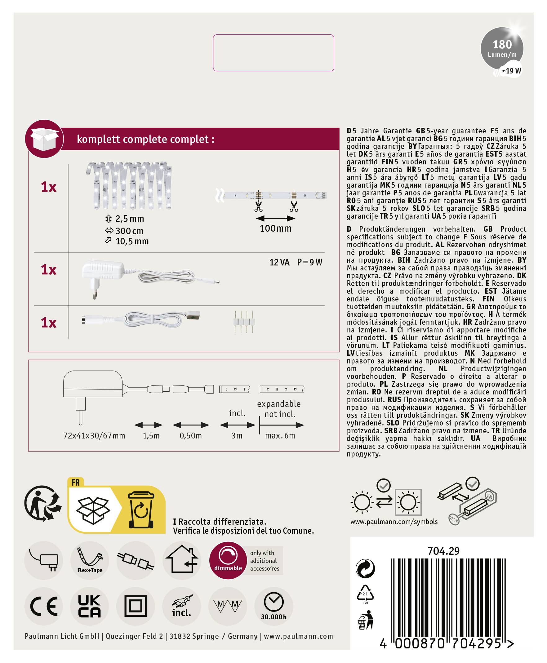 Paulmann YourLED ECO 70429 Ruban LED (Base) avec connecteur mâle 12 V 3 m blanc neutre 1 pc(s)