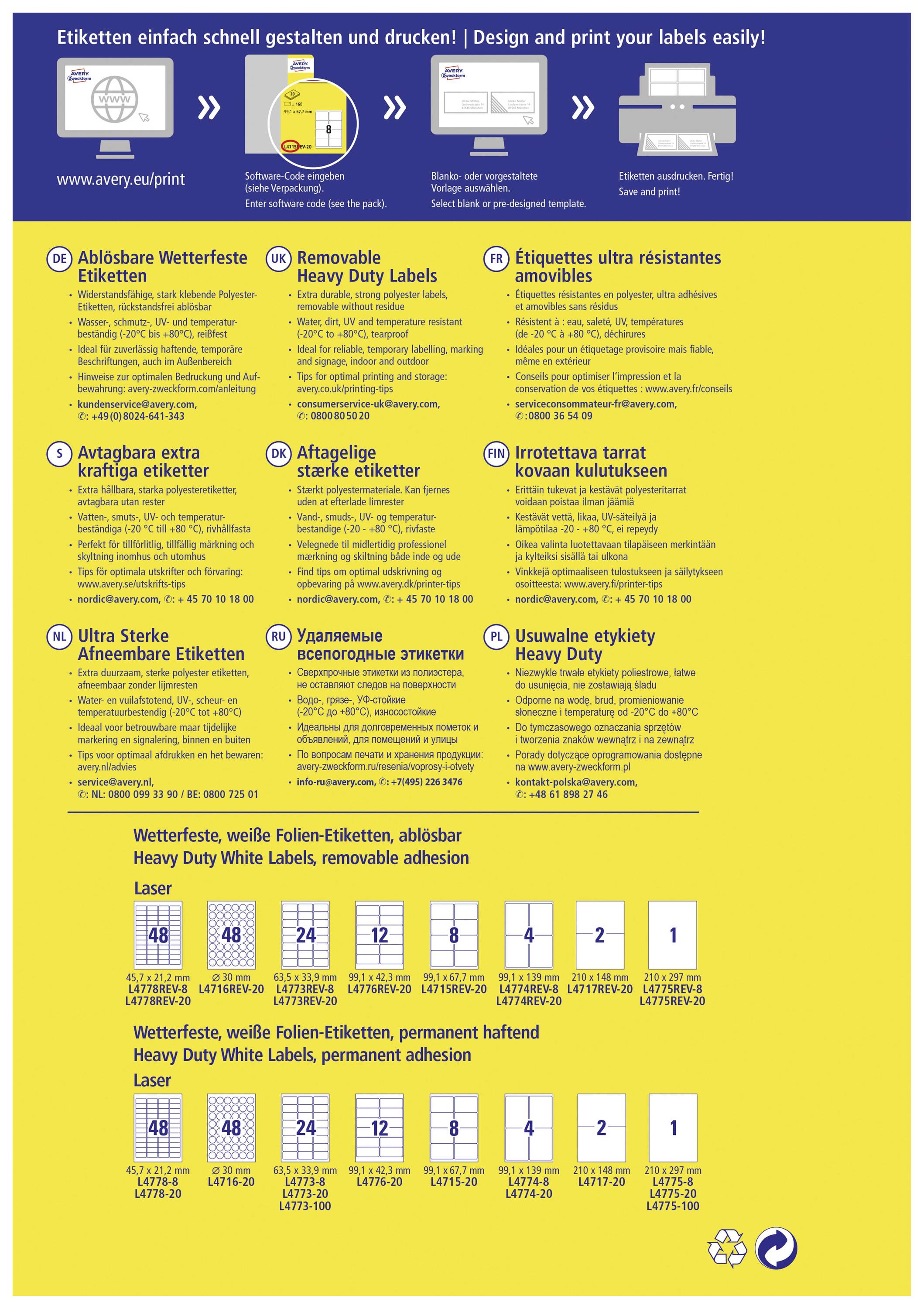 Avery-Zweckform L4775REV-20 Etiquette plastique 210 x 297 mm film blanc 20 pc(s) décollable imprimante laser couleur, imprimante