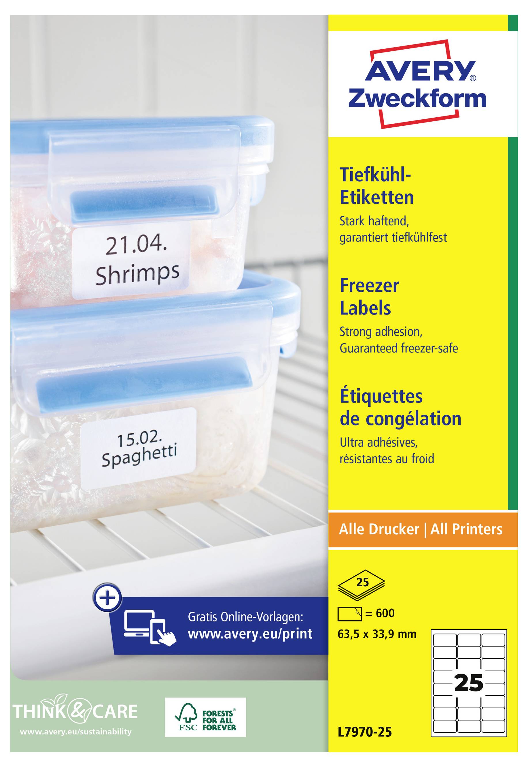 Image publicitaire d'étiquettes de congélateur Avery Zweckform sur des récipients alimentaires en plastique dans un congélateur, montrant du texte multilingue, taille d'étiquette 63,5 x 33,9 mm, et paquet de 25 étiquettes.