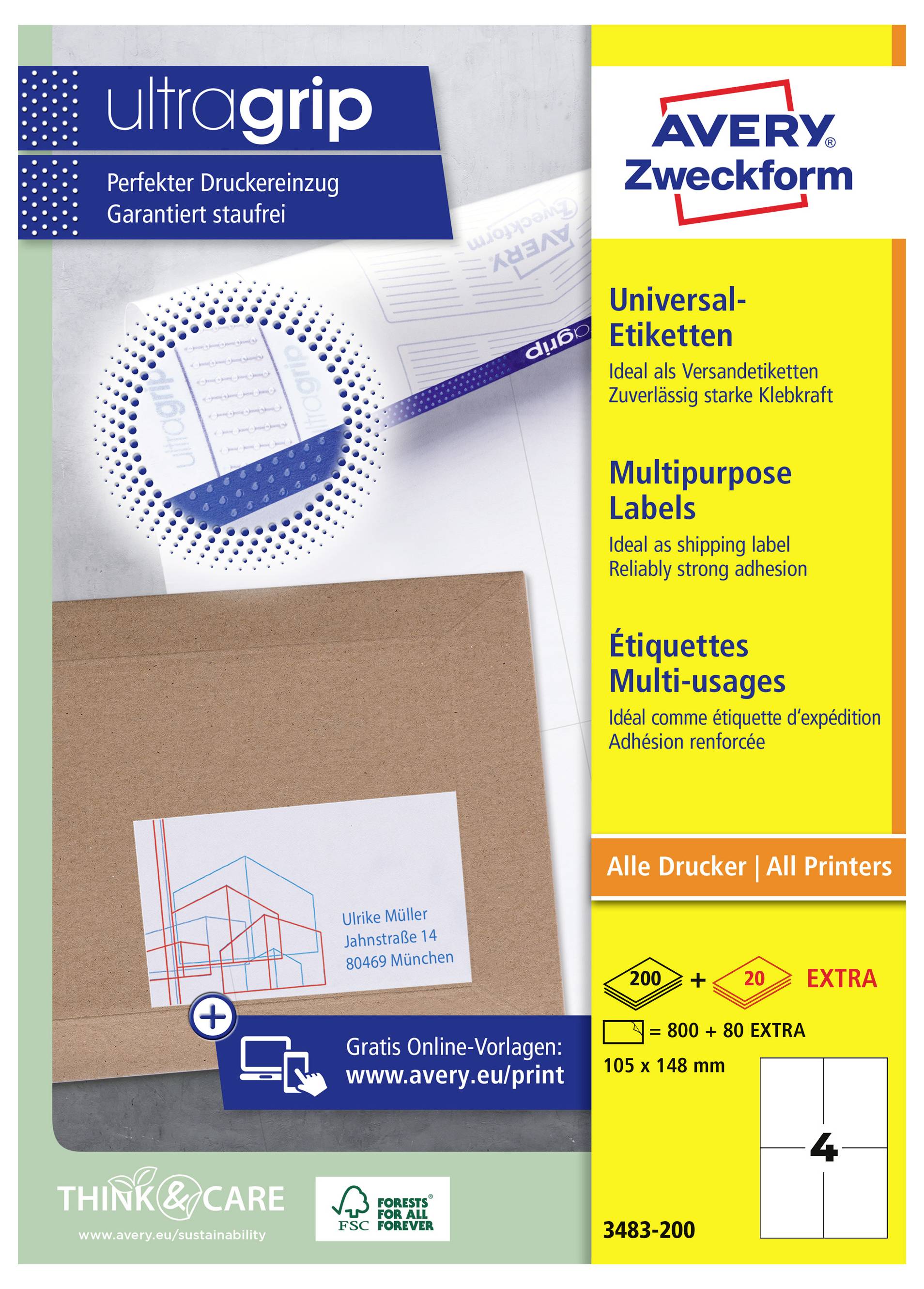 Paquet d'étiquettes d'expédition universelles Avery Zweckform « ultragrip » affichant une adhérence puissante, une compatibilité d'imprimante, une taille d'étiquette de 105 x 148 mm et 4 étiquettes par feuille.