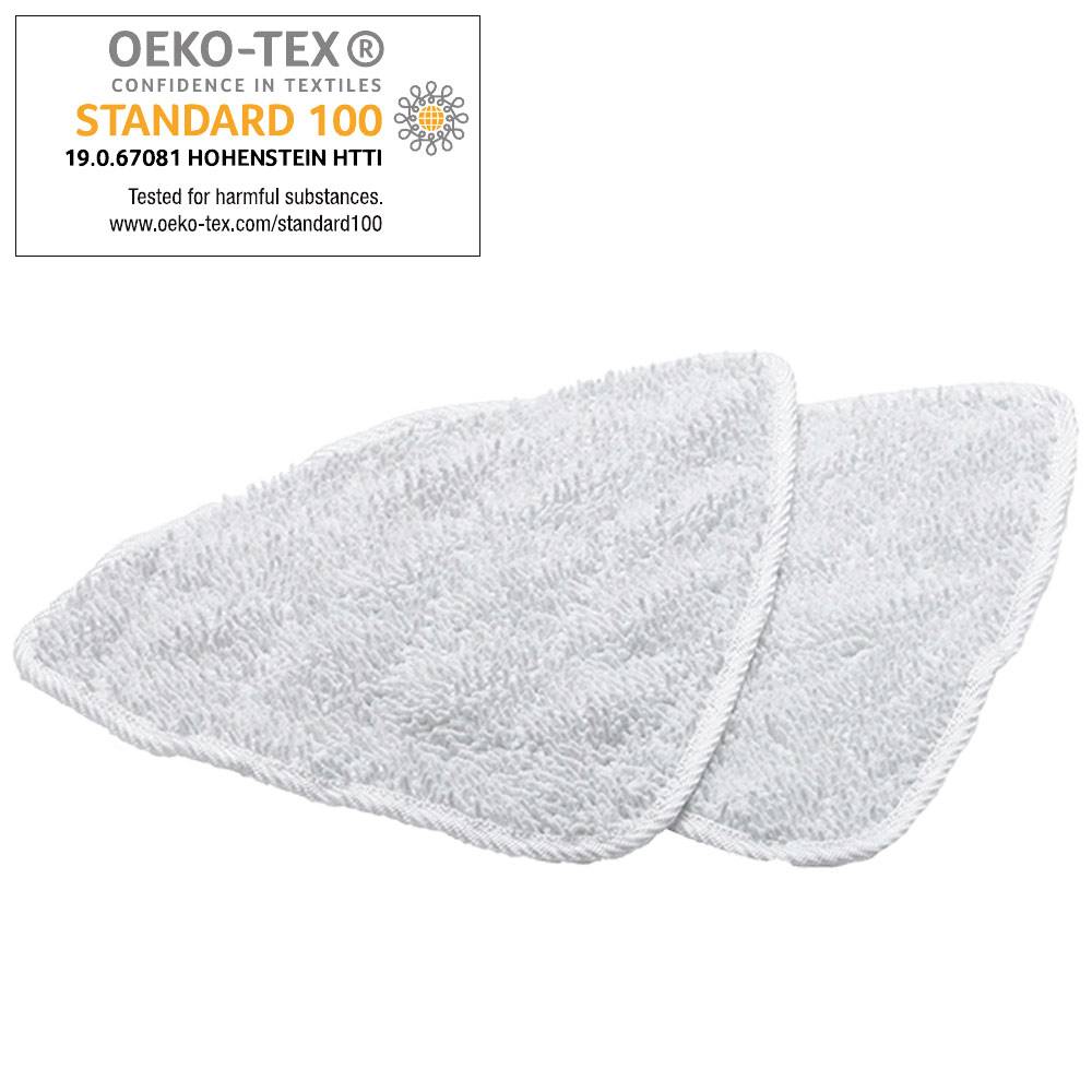 Deux tampons de nettoyage blancs, en haut à gauche le logo 'OEKO-TEX STANDARD 100' avec le numéro de certificat 19.0.67081 Hohenstein HTTI.