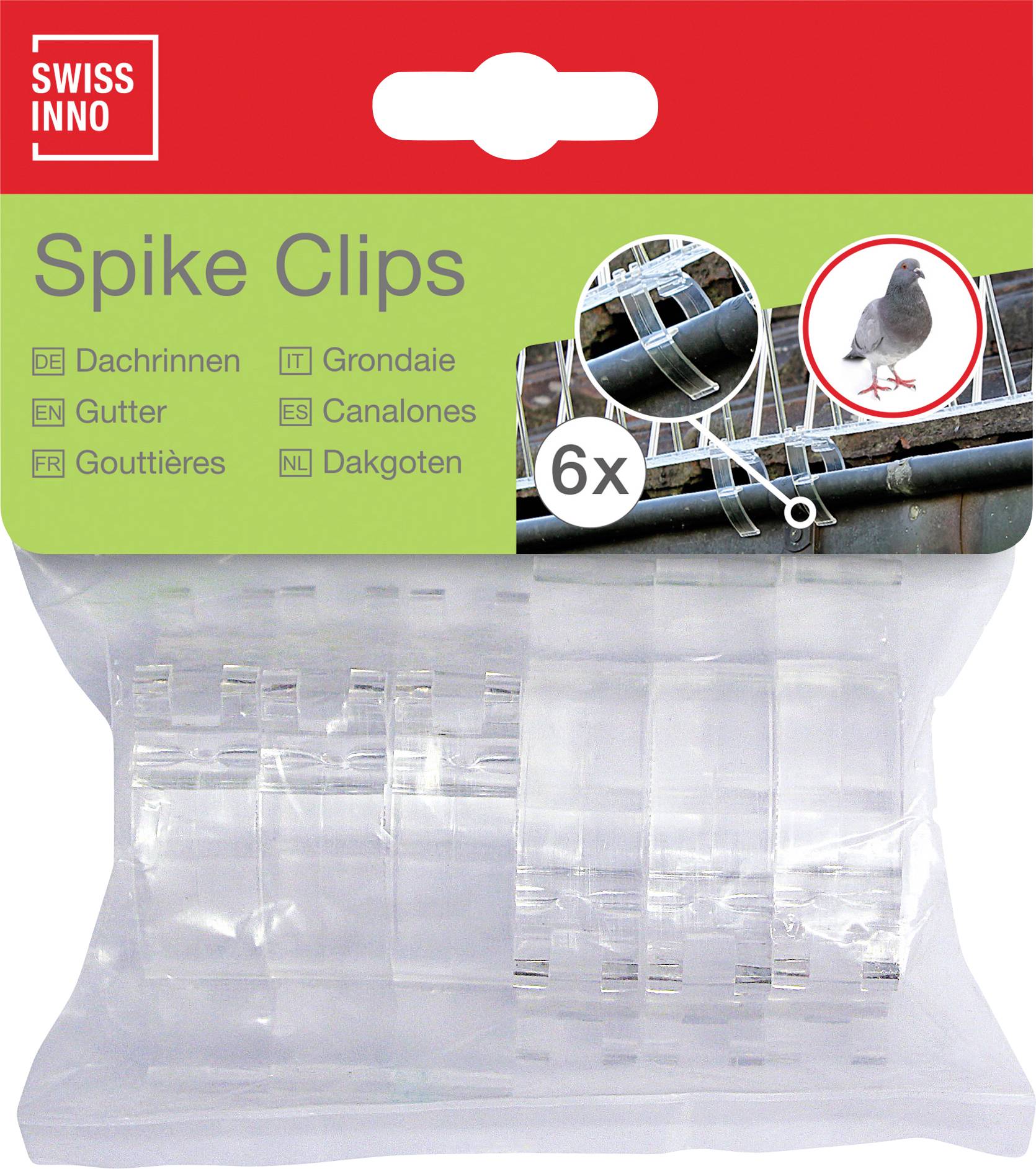 Packaging de 'Swiss Inno Spike Clips' présentant six clips pour gouttière, avec une image et un texte de dissuasion contre les pigeons en plusieurs langues.