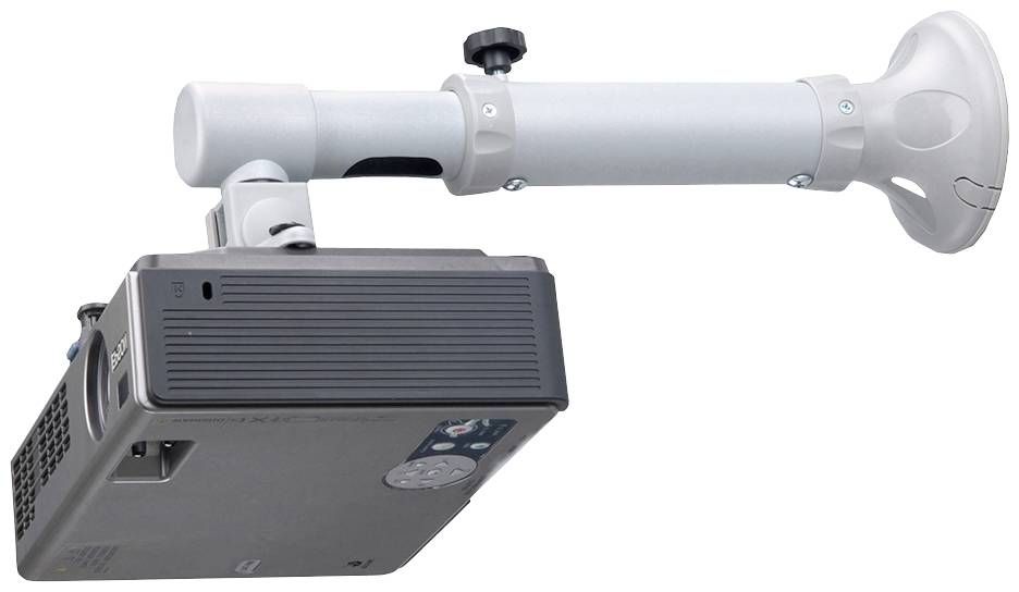 Un support de projecteur argenté fixé à un projecteur. Le support dispose d'une articulation pivotante permettant de régler l'angle.