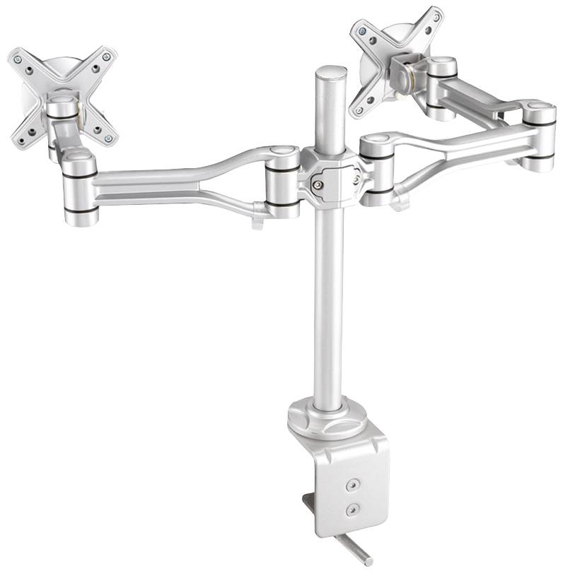 Support de moniteur double en métal, de couleur argent, avec deux bras articulés permettant de positionner individuellement les écrans. Pince de fixation en bas.