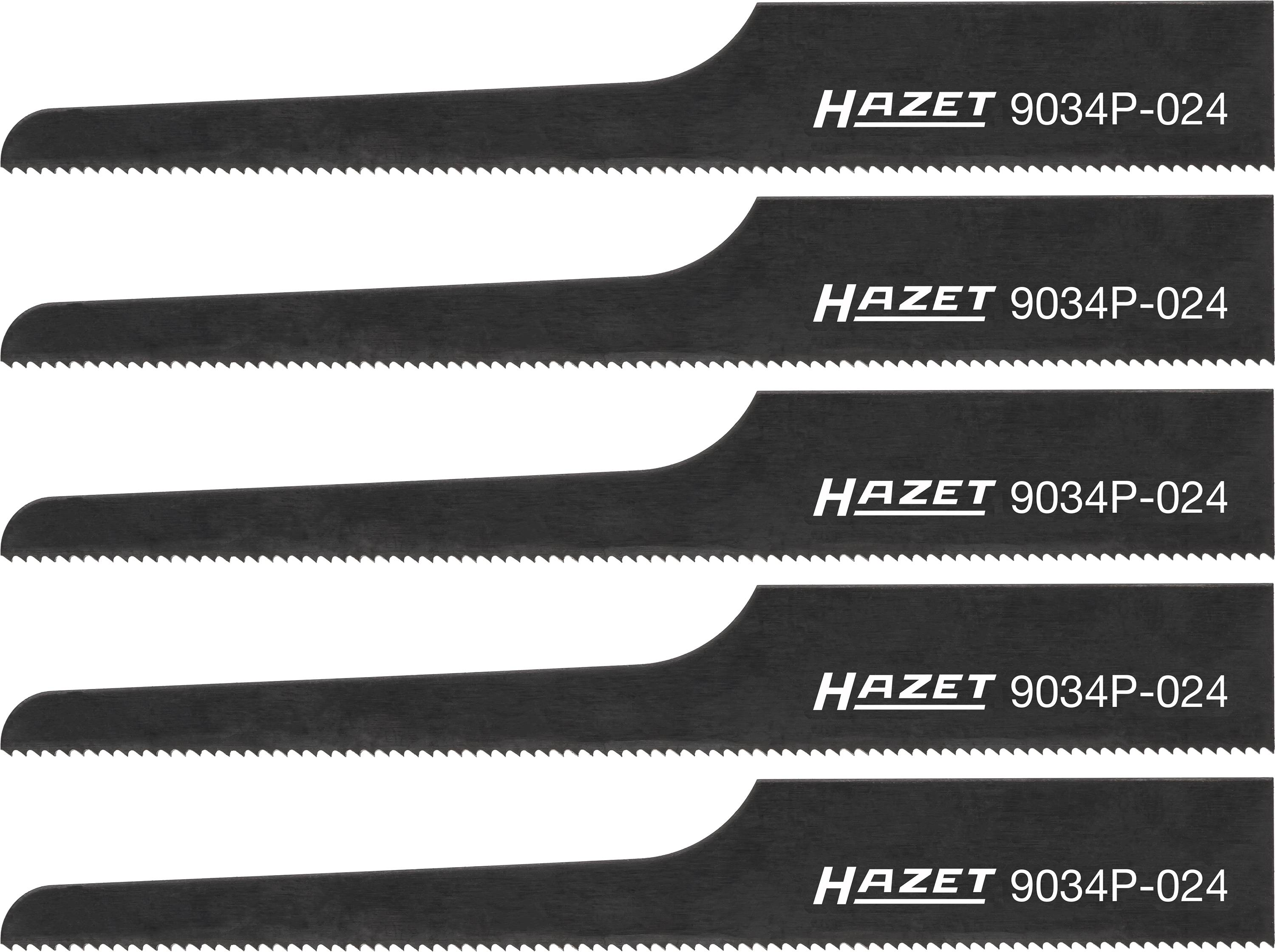 Five black serrated saw blades labeled HAZET 9034P-024, arranged in a vertical stack on a white background.