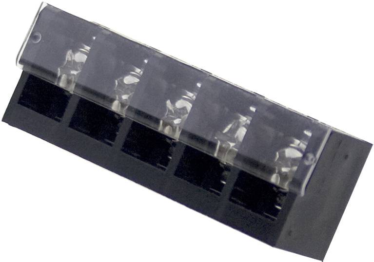 Un bloc de connexion électrique noir avec un couvercle transparent en plastique, offrant cinq emplacements pour des connexions de câbles.