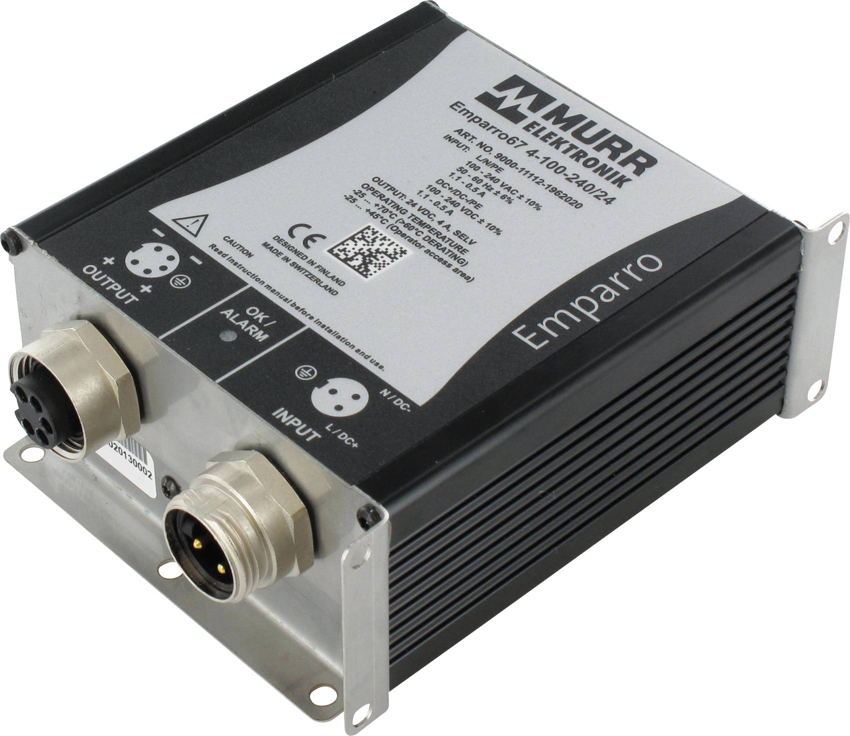 Un dispositif électronique noir avec deux connexions, étiqueté 'Murr Elektronik' et 'Emparro'.