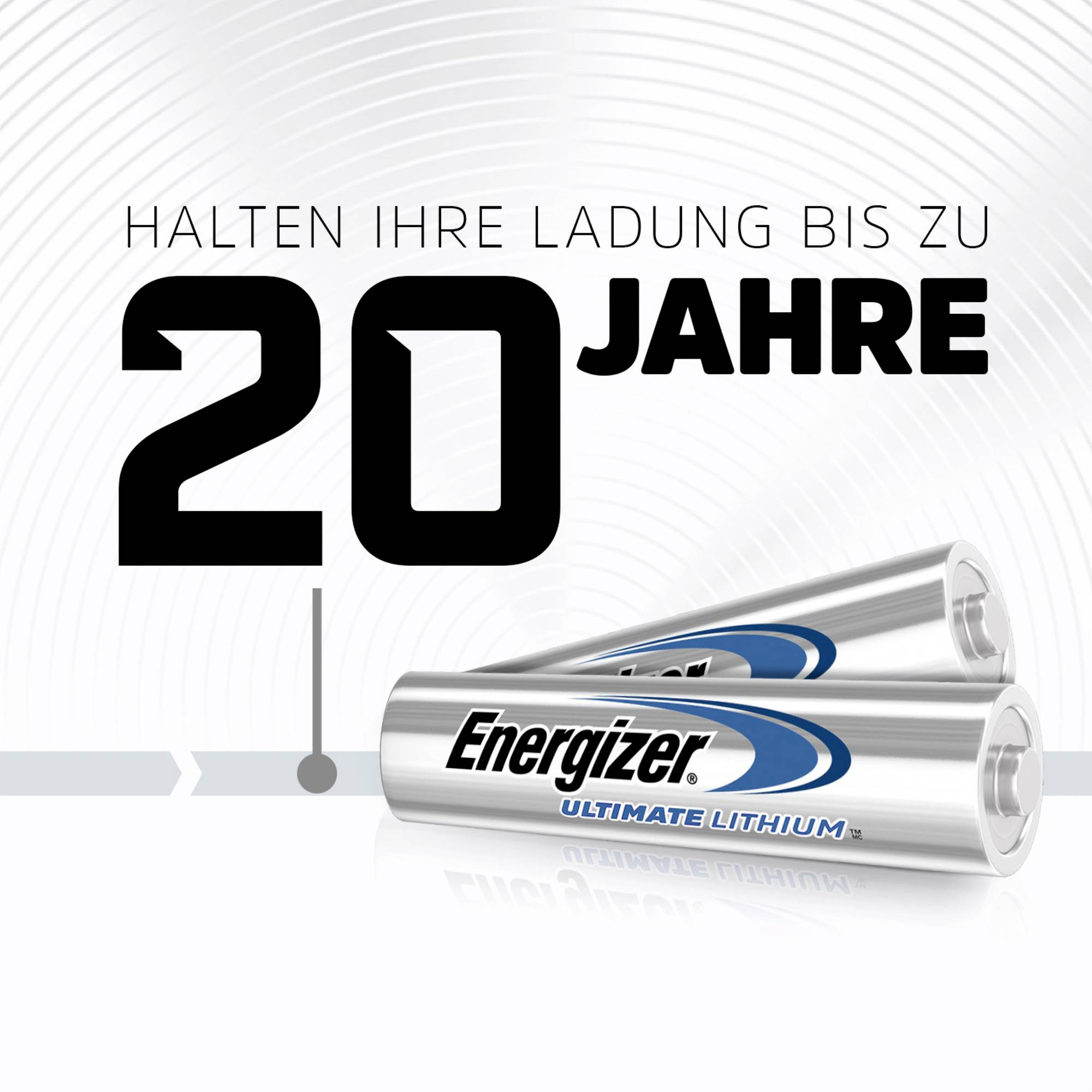 Piles Lithium Energizer avec l'inscription 'Conservent leur charge jusqu'à 20 ans'. Illustration du produit avec deux piles.