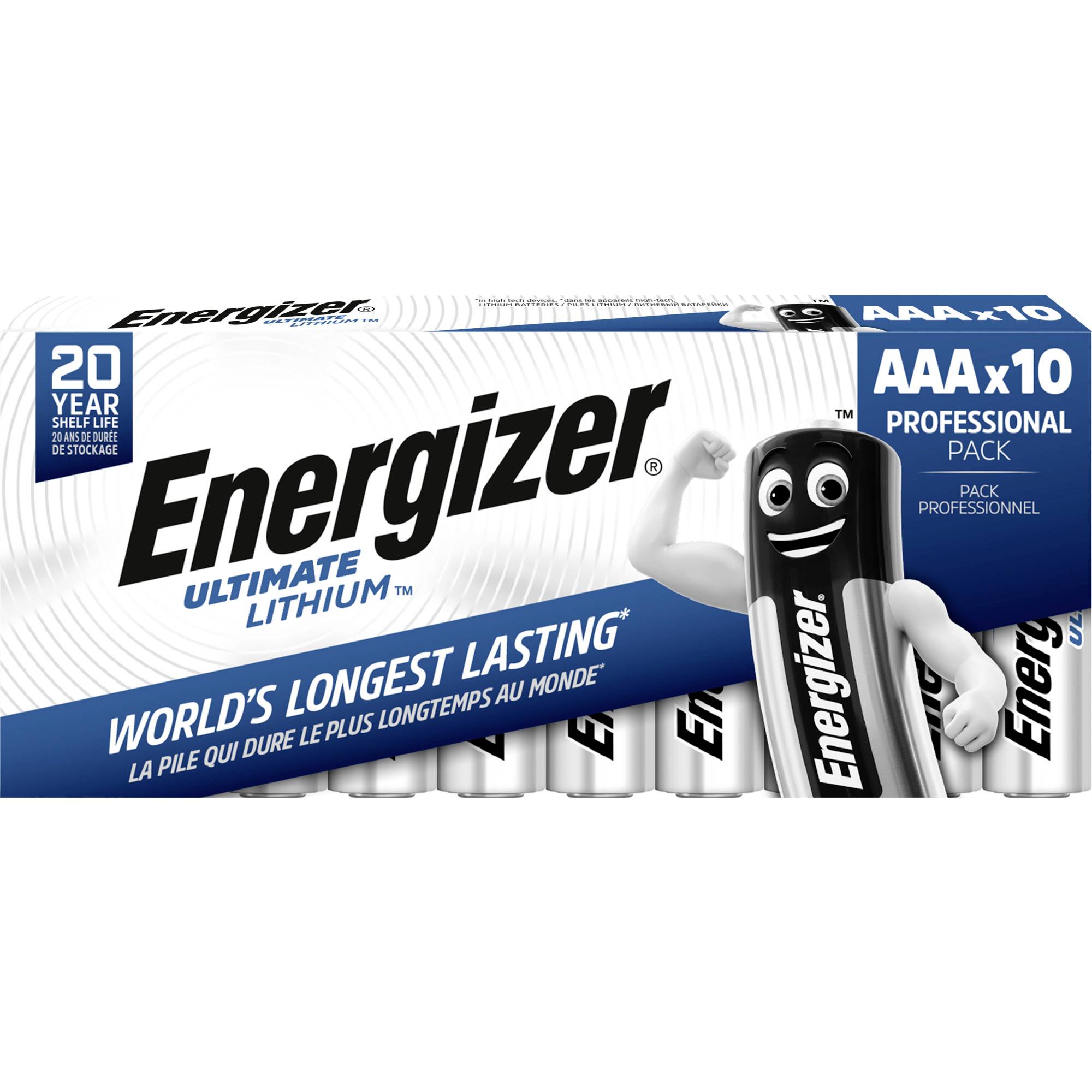 Un paquet de barres énergétiques portant l'inscription 'Energizer Ultimate Lithium AAA x10'. Promet une longue durée de vie et une grande durabilité.