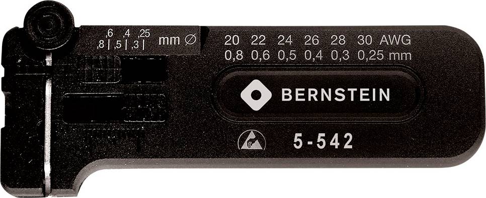 Werkzeug zur Messung von Drahtdurchmessern, markiert mit Skala von 0,25 mm bis 6 mm und AWG-Nummern. Markenname 'BERNSTEIN'.