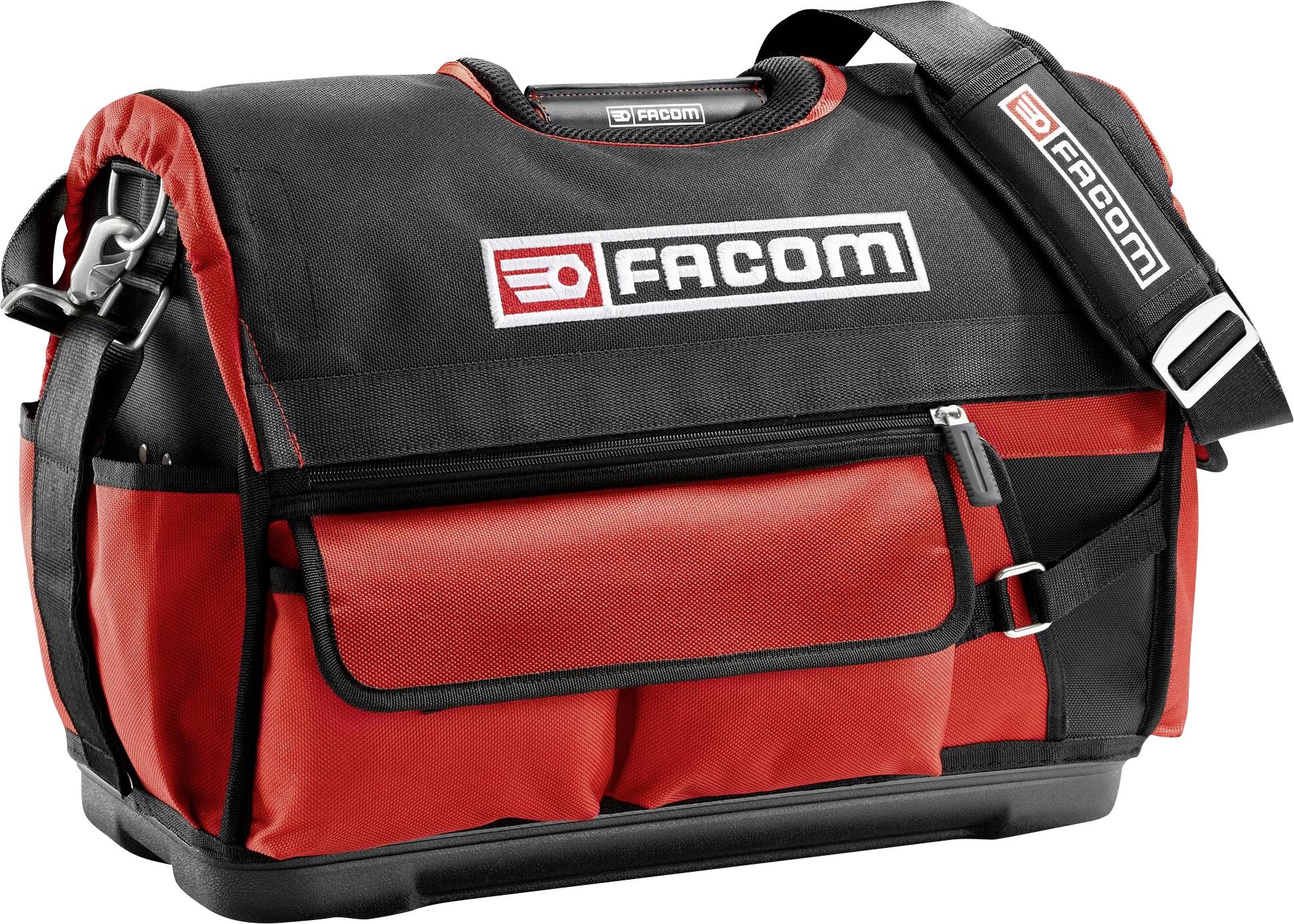 Sac à outils rouge et noir avec bandoulière et plusieurs compartiments, logo 'FACOM' sur la face avant.