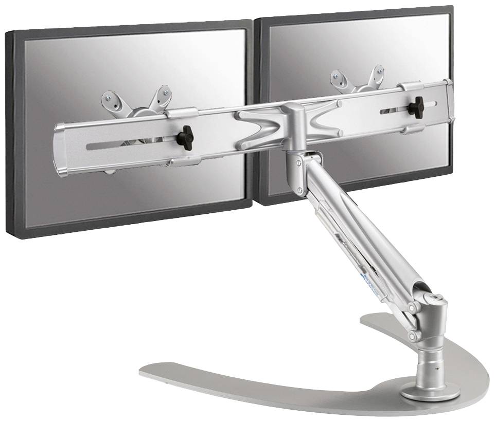 Support de moniteur double ergonomique en argent avec deux écrans montés. Offre flexibilité et gain de place sur le bureau.