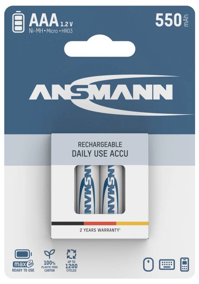 Paquet de deux piles rechargeables ANSMANN AAA 1,2V Ni-MH, 550 mAh, étiquetées « Daily Use Accu » avec garantie de 2 ans.