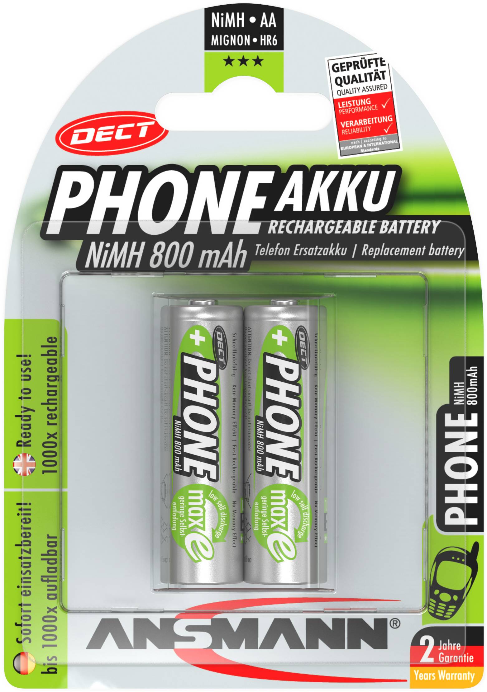 Pile rechargeable LR6 (AA) NiMH Ansmann DECT maxE HR06 800 mAh 1.2 V 2 pc(s)
