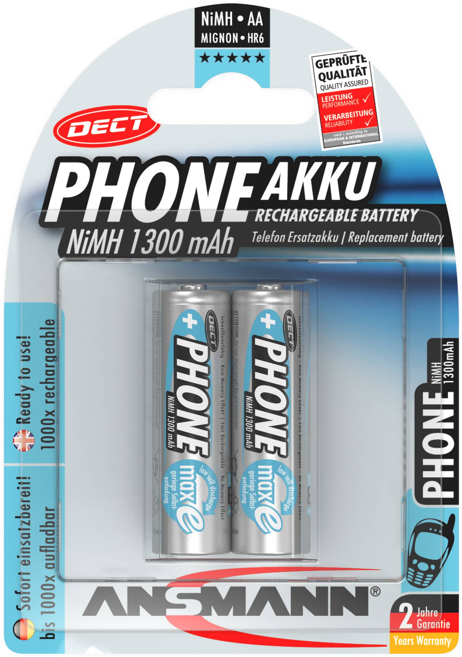 Pile rechargeable LR6 (AA) NiMH Ansmann DECT maxE HR06 1300 mAh 1.2 V 2 pc(s)