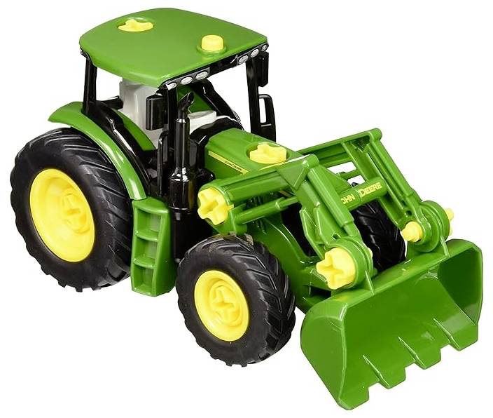 Un tracteur jouet vert avec de grandes roues noires et un chargeur frontal. Il ressemble à un design classique de véhicule agricole pour le jeu.