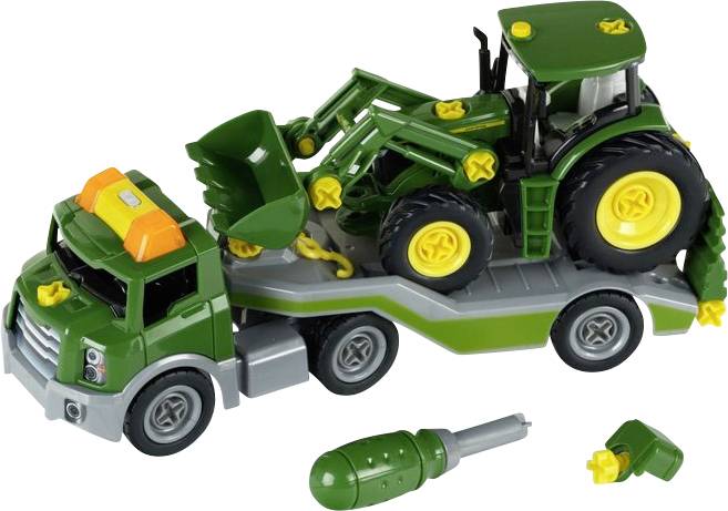 Un excavateur jouet vert sur une remorque de camion, doté de roues amovibles et d'un outil accessoire, conçu pour le jeu des enfants.