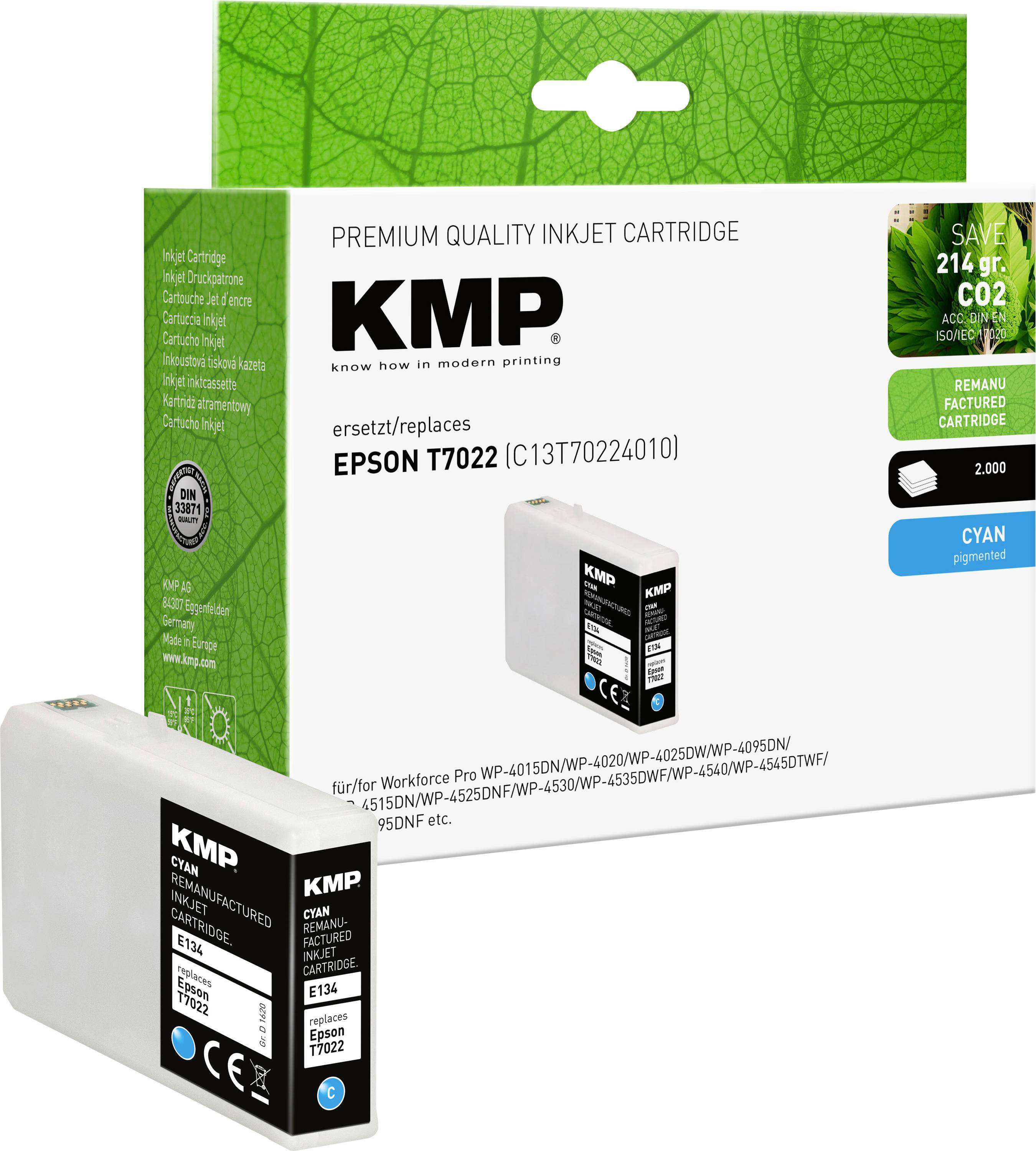 Cartouche d'encre KMP compatible avec les imprimantes Epson T7022D, couleur Cyan, emballage écologique, réduction des émissions de CO2.